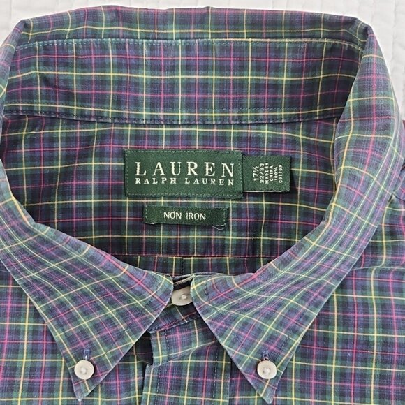 Ralph Lauren Green Label Shirt Men's 17 1/2 32/33 No Iron Plaid Green Blue EUC - Picture 9 of 15